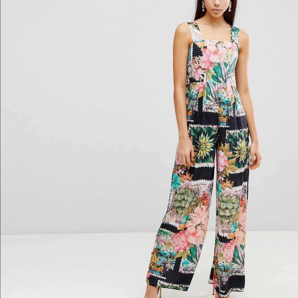ASOS Square Neck Jumpsuit in Postcard Print Sz 4
